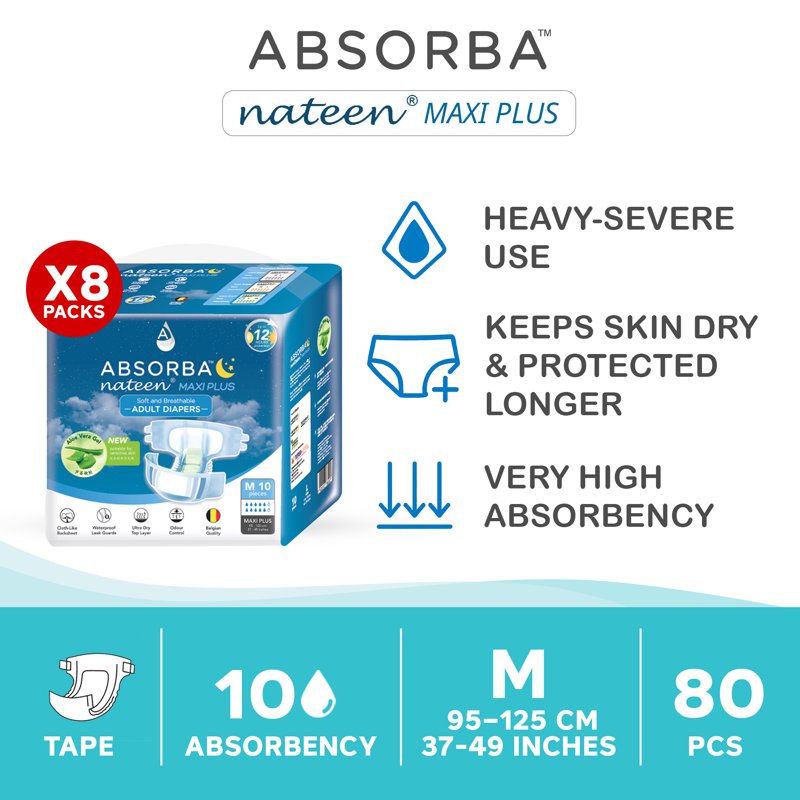 Absorba Nateen Maxi Plus Adult Diapers - M 8 x 10 S