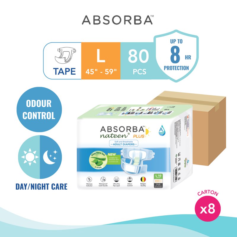 Absorba Nateen Plus Adult Diapers - L (115-150cm) 8 x 10 S