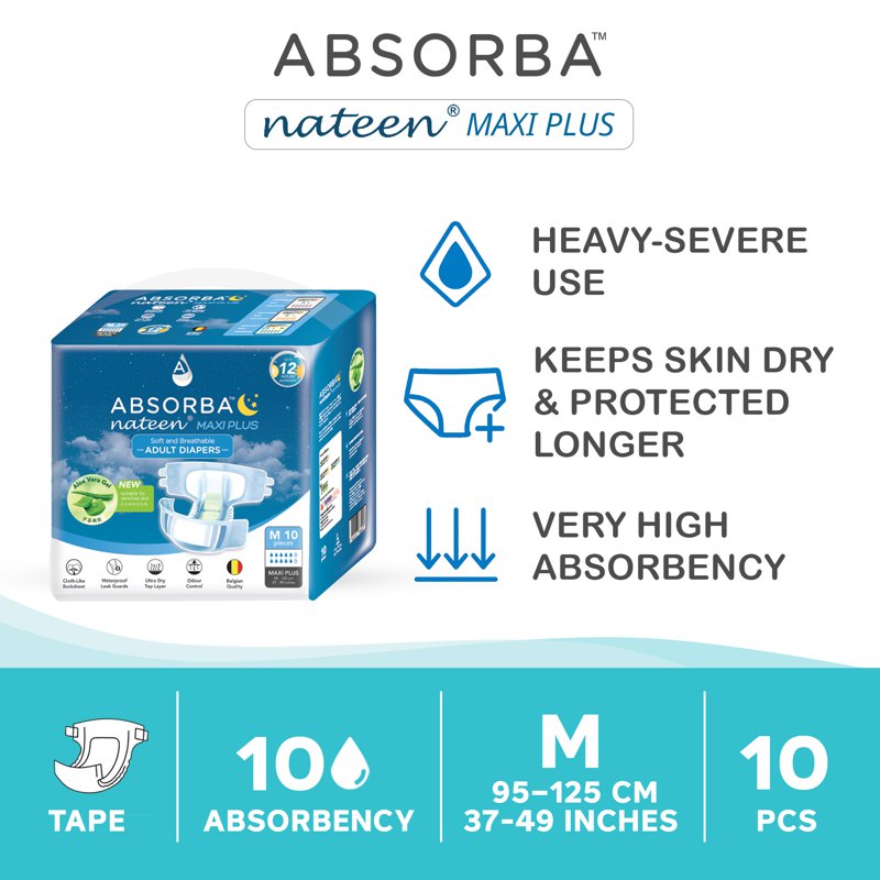 Absorba Nateen Maxi Plus Adult Diapers - M (95-125cm) 10 S
