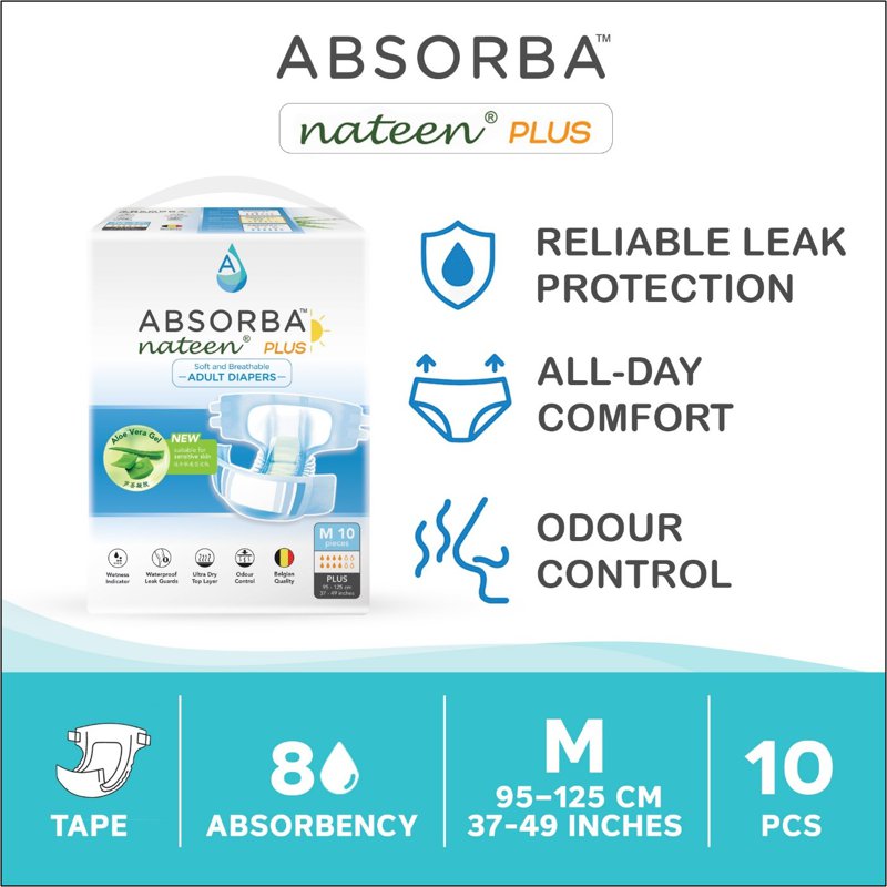 Absorba DC-Nateen Plus Adult Diapers - M (95-125cm) 10 S