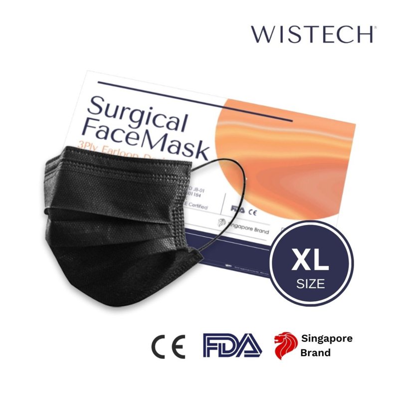 Wistech Adult XL Black 3-Ply Surgical Face Mask 50 S