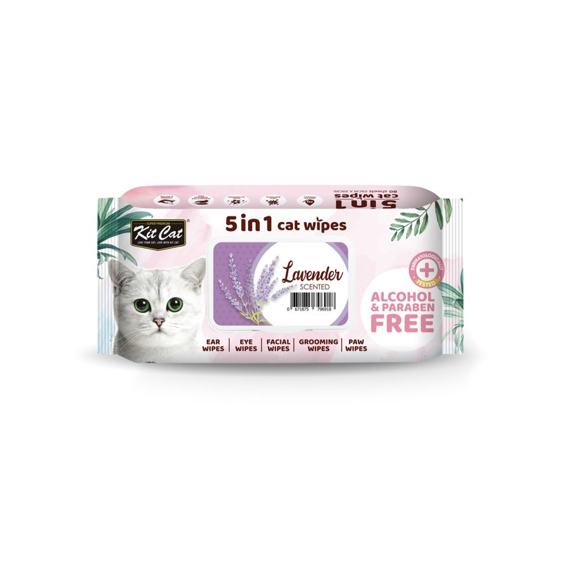 Kit Cat 5 In 1 Cat Wipes -Lavender Alcohol & Paraben Free 80 S