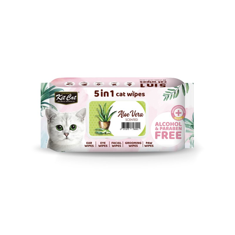 Kit Cat 5 In 1 Cat Wipes -Aloe Vera Alcohol & Paraben Free 80 S