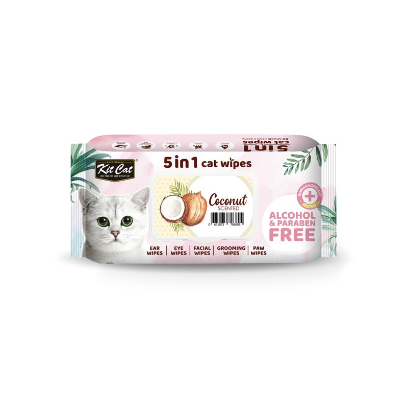 Kit Cat 5 In 1 Cat Wipes -Coconut Alcohol & Paraben Free 80 S