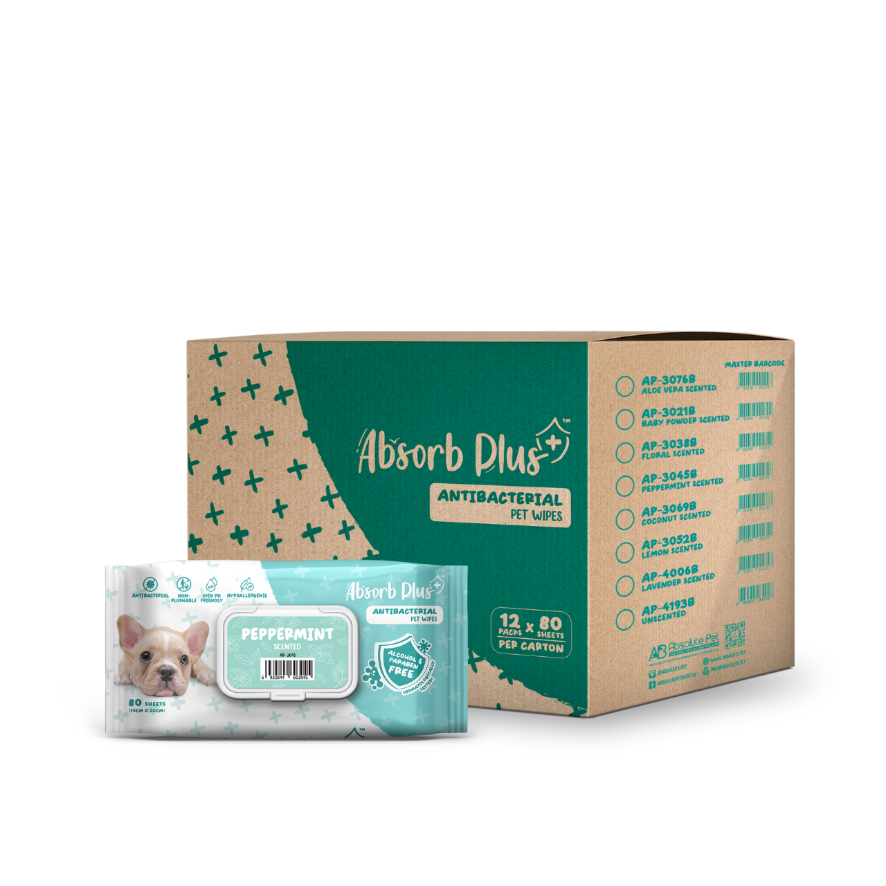 Absorb Plus Antibacterial Pet Wipes - Peppermint 12 x 80 S