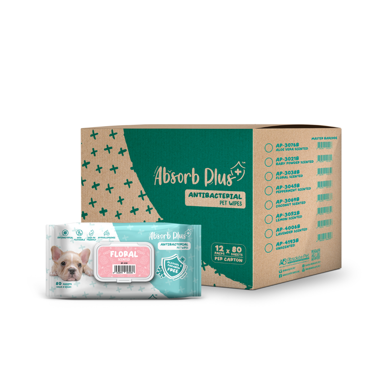 Absorb Plus Antibacterial Pet Wipes - Floral 12 x 80 S