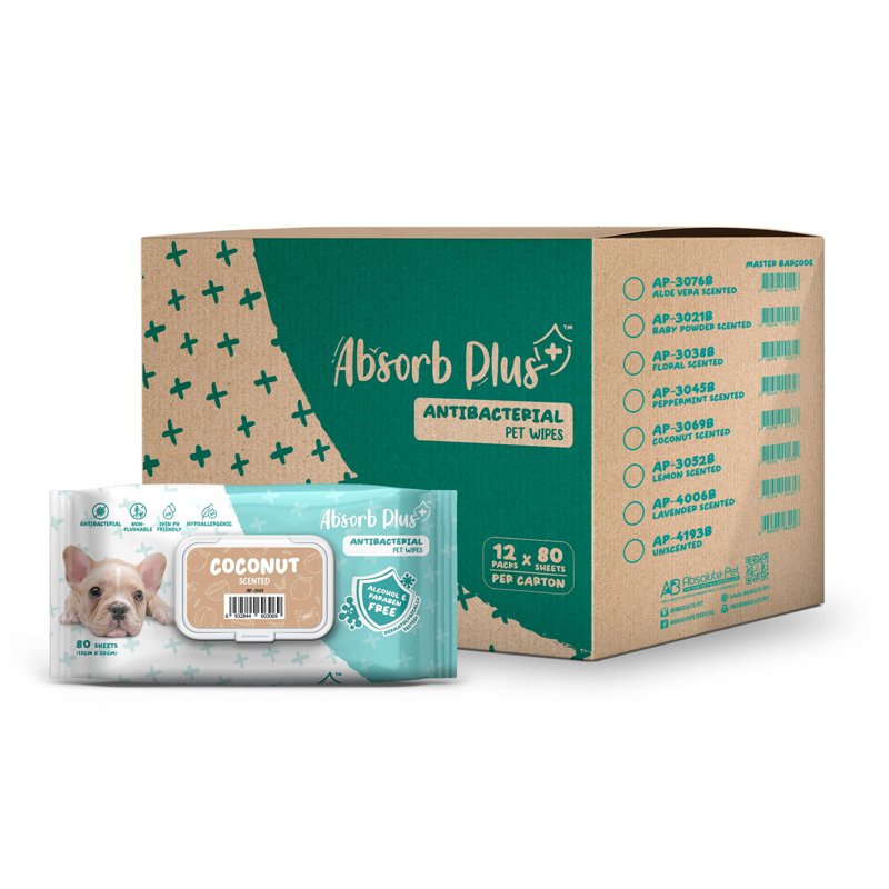 Absorb Plus Antibacterial Pet Wipes - Coconut 12 x 80 S