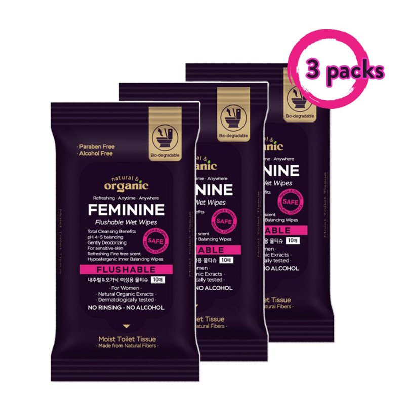 natural & organic Portable Feminine Flushable Wipes 3 packs 10 S
