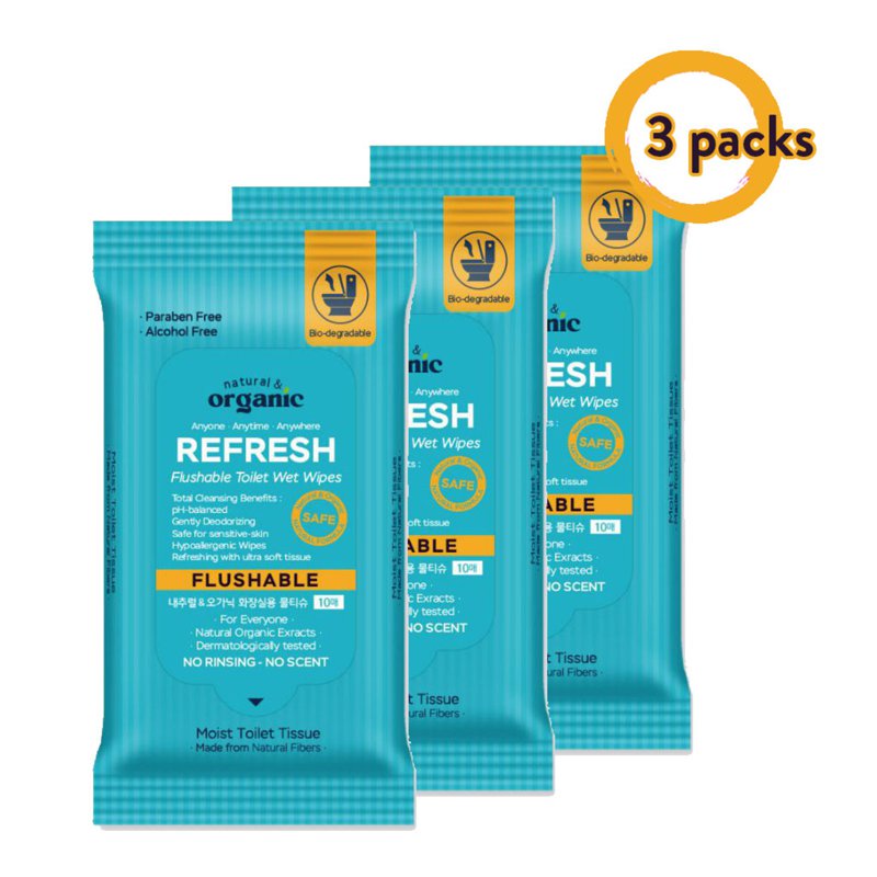 natural & organic Portable Refresh Flushable Wipes 3 packs 10 S