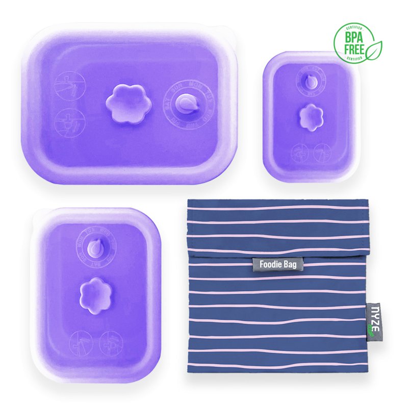 NYZE Purple Container Set + Pink Stripes Foodie Bag