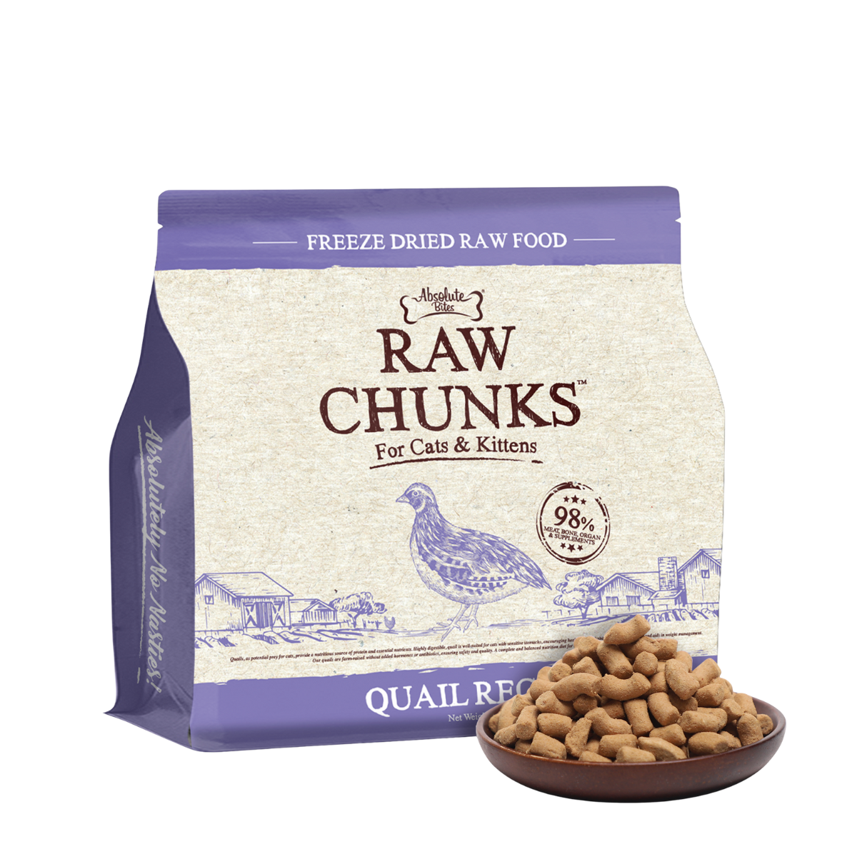 Absolute Bites Raw Chunks Freeze Dried Raw Cat Food - Quail