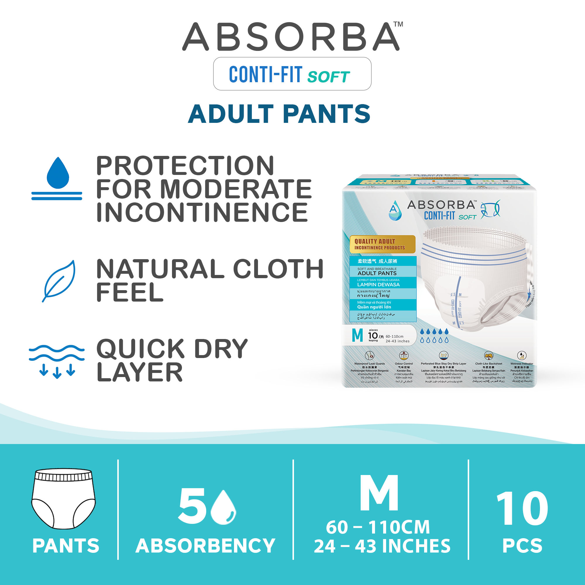 Absorba Conti Fit Soft Adult Diapers Pull Pants - M 10 S