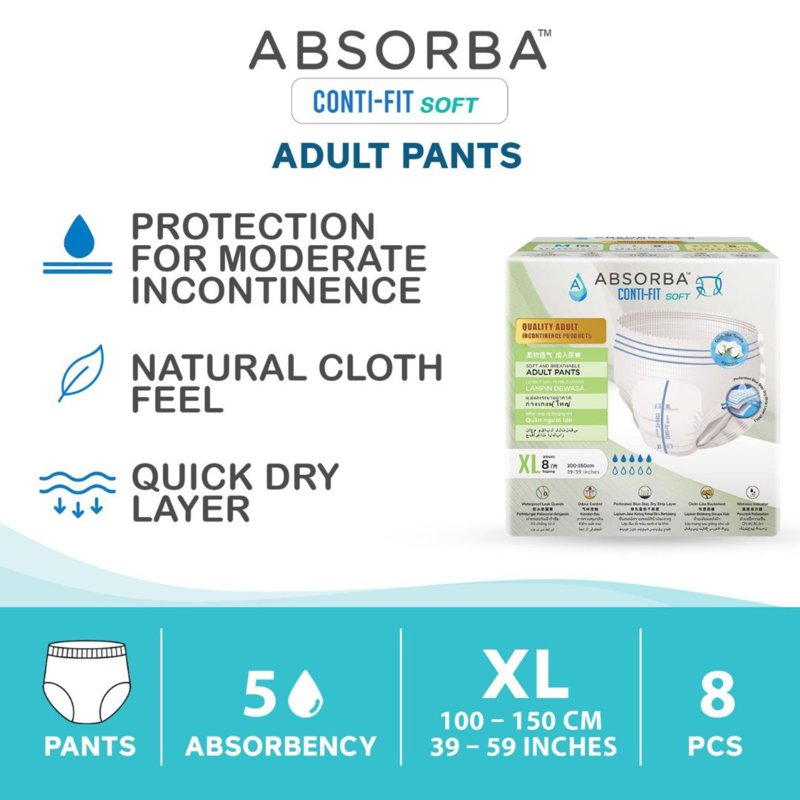 Absorba Conti Fit Soft Adult Diapers Pull Pants - XL 8 S