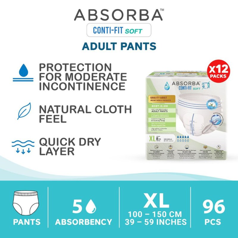 Absorba Conti Fit Soft Adult Diapers Pull Pants - XL 12 x 8 S