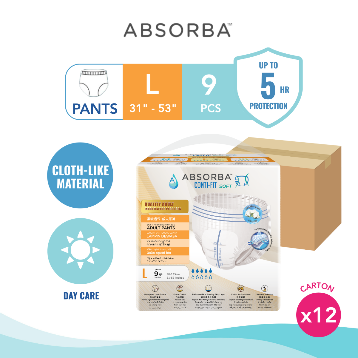 Absorba Conti Fit Soft Adult Diapers Pull Pants - L 12 x 9 S