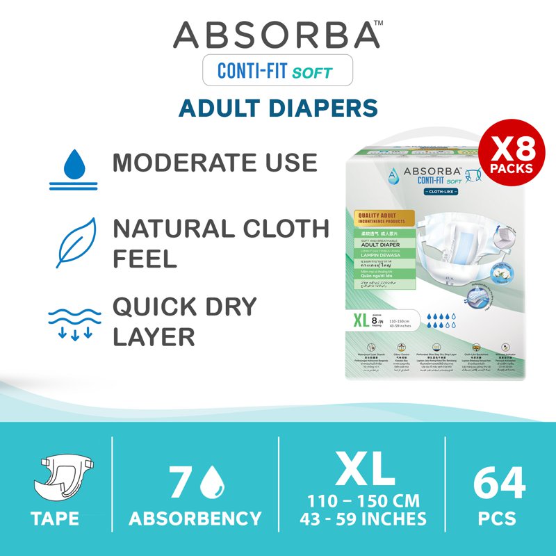 Absorba Conti Fit Soft Adult Diapers - XL 8 x 8 S