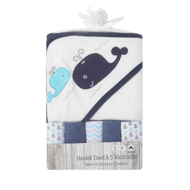 Mother's Choice 100%Cotton Hooded Towel Face Cloth-Navy Whale 1 S