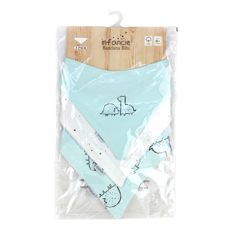 Infancie Cotton Baby Bandana Bib Set - White/Mint Dino 3 S