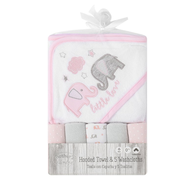 Cotton Hooded Towel & Face Cloths set -Pink Elephant
