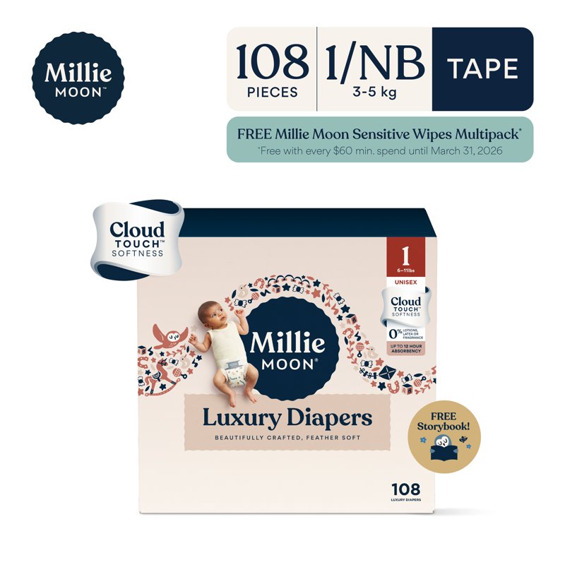 Millie Moon Luxury Tape Diaper - Newborn (Carton) 108 S