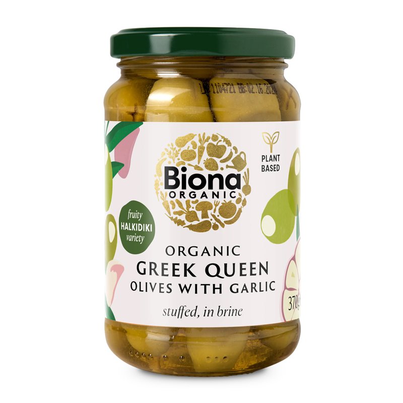 Biona Organic Greek Queen Olives with Garlic Stuffed in Brine