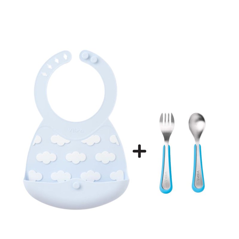 Viida Silicone Bib (Cloudy Blue) + Small Fork & Spoon (Blue) 1 S