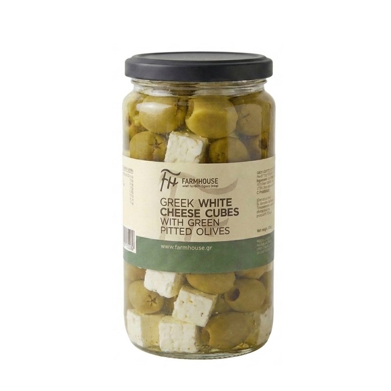 Farmhouse S.A Greek White Cheese Cubes w Green Pitted Olives