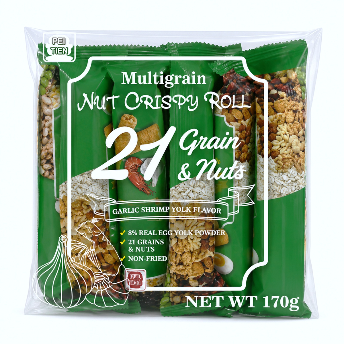 Peitien Multigrain Nut Crispy Roll -Garlic Shrimp Yolk Flavor 170 G