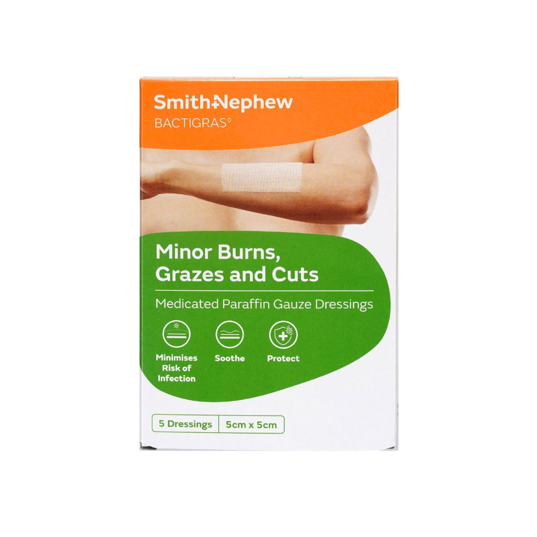 Smith & Nephew Bactigras Medicated Paraffin Gauze Dressings 5s 5cm x 5cm