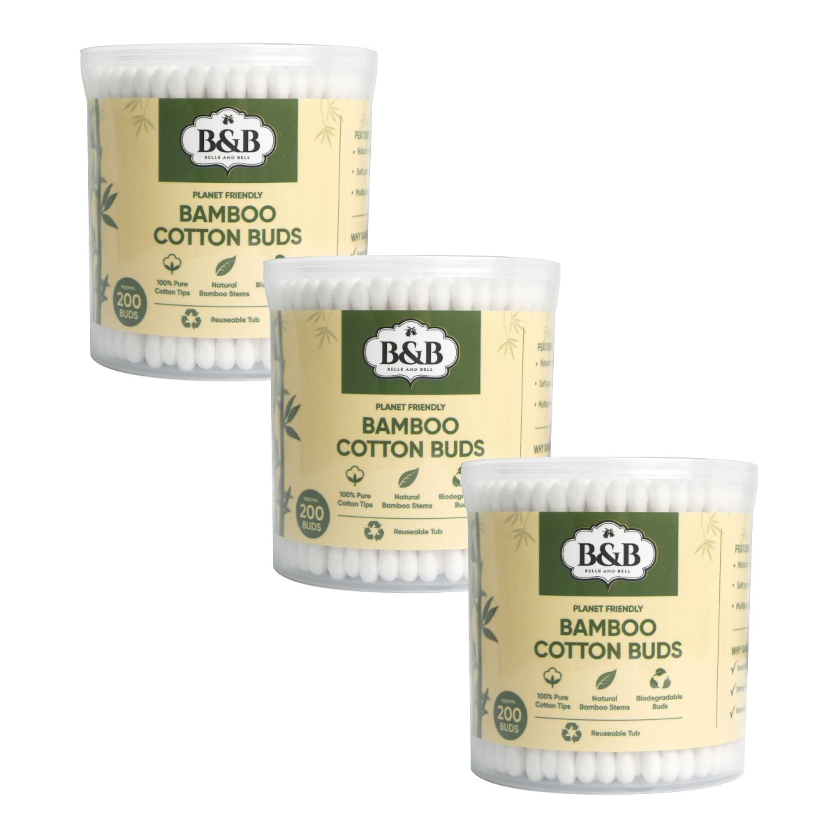 Belle And Bell Bamboo Cotton Buds Approx 200 x 3 Tubs