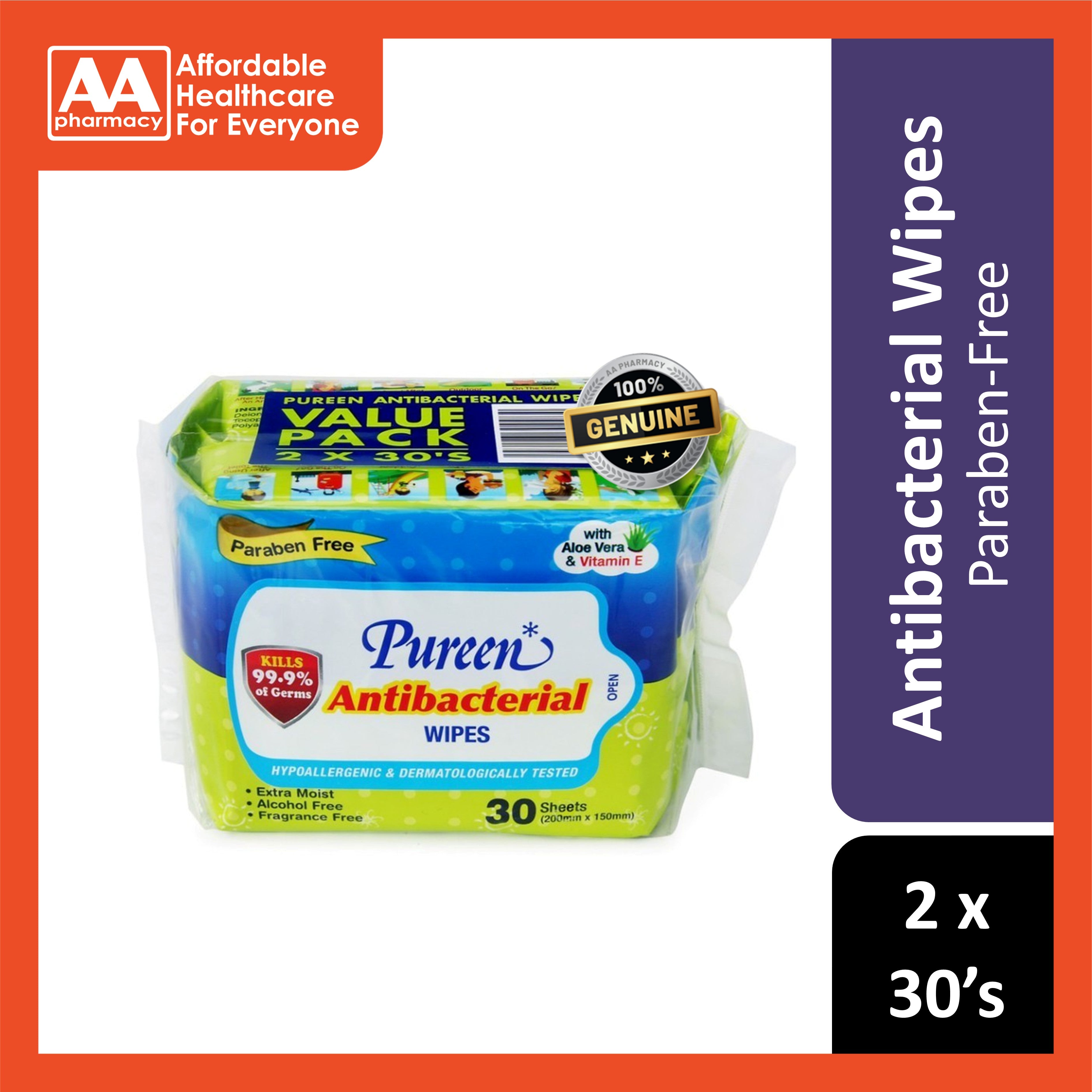 Pureen Wipes 2x30s Antibacterial