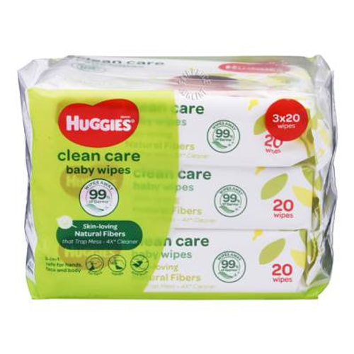 Huggies Clean Care Baby Wipes 20s x 3 Packs